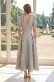 A-Line Dusty Blue V-Neck Jacquard Long Mother Of the Bride Dress with Puff Sleeves