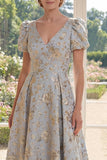 A-Line Dusty Blue V-Neck Jacquard Long Mother Of the Bride Dress with Puff Sleeves