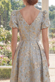 A-Line Dusty Blue V-Neck Jacquard Long Mother Of the Bride Dress with Puff Sleeves