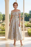 A-Line Dusty Blue Off the Shoulder Jacquard Ruched Long Mother Of the Bride Dress