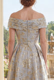 A-Line Dusty Blue Off the Shoulder Jacquard Ruched Long Mother Of the Bride Dress