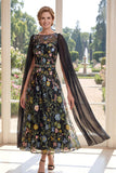 Tulle Black A-Line Embroidered Long Mother Of the Bride Dress with Cape Sleeves
