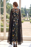 Tulle Black A-Line Embroidered Long Mother Of the Bride Dress with Cape Sleeves