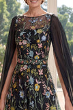 Tulle Black A-Line Embroidered Long Mother Of the Bride Dress with Cape Sleeves