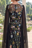 Tulle Black A-Line Embroidered Long Mother Of the Bride Dress with Cape Sleeves