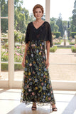 A-Line Tulle Black Embroidered Long Mother Of the Bride Dress with Flutter Sleeves