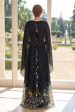 Black A-Line Tulle Embroidered Long Mother Of the Bride Dress with Cape
