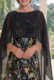 Black A-Line Tulle Embroidered Long Mother Of the Bride Dress with Cape