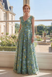 Green A-Line Tulle Embroidered V-Neck Long Mother Of the Bride Dress