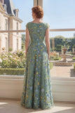 Green A-Line Tulle Embroidered V-Neck Long Mother Of the Bride Dress