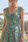 Green A-Line Tulle Embroidered V-Neck Long Mother Of the Bride Dress