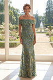 Off the Shoulder Green Mermaid Tulle Embroidered Mother Of the Bride Dress