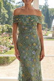 Off the Shoulder Green Mermaid Tulle Embroidered Mother Of the Bride Dress