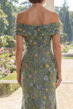 Off the Shoulder Green Mermaid Tulle Embroidered Mother Of the Bride Dress