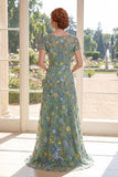 A-Line Green Tulle Bateau Neck Embroidered Mother Of the Bride Dress