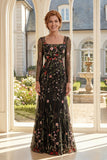 Black A-Line Tulle Square Neck Embroidered Mother Of the Bride Dress
