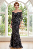 Black Mermaid Tulle Off the Shoulder Appliqued Mother Of the Bride Dress with Beading