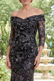 Black Mermaid Tulle Off the Shoulder Appliqued Mother Of the Bride Dress with Beading