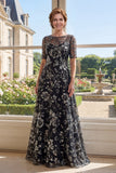A-Line Black Tulle Bateau Neck Sequins Mother Of the Bride Dress