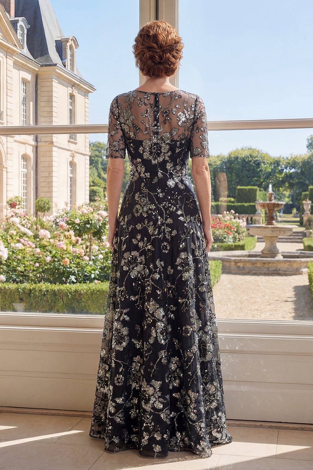 ZAPAKA Women Black A-Line Mother Of the Bride Dress Tulle Bateau Neck Sequins Floral Long Wedding Guest Dress, Black / US14