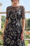 A-Line Black Tulle Bateau Neck Sequins Mother Of the Bride Dress