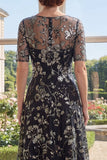 A-Line Black Tulle Bateau Neck Sequins Mother Of the Bride Dress