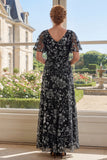 Black Tulle A-Line V-Neck Printed Long Mother Of the Bride Dress