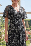 Black Tulle A-Line V-Neck Printed Long Mother Of the Bride Dress