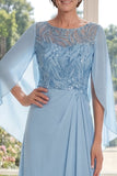 Light Blue Chiffon Sheath Sequins Long Mother Of the Bride Dress
