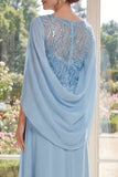 Light Blue Chiffon Sheath Sequins Long Mother Of the Bride Dress