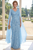 V-Neck Light Blue Sheath Sequins Long Mother Of the Bride Dress with Cape Sleeves
