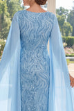 V-Neck Light Blue Sheath Sequins Long Mother Of the Bride Dress with Cape Sleeves