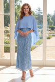 Sparkly Light Blue Sheath Sequins Long Mother Of the Bride Dress with Cape