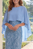 Sparkly Light Blue Sheath Sequins Long Mother Of the Bride Dress with Cape