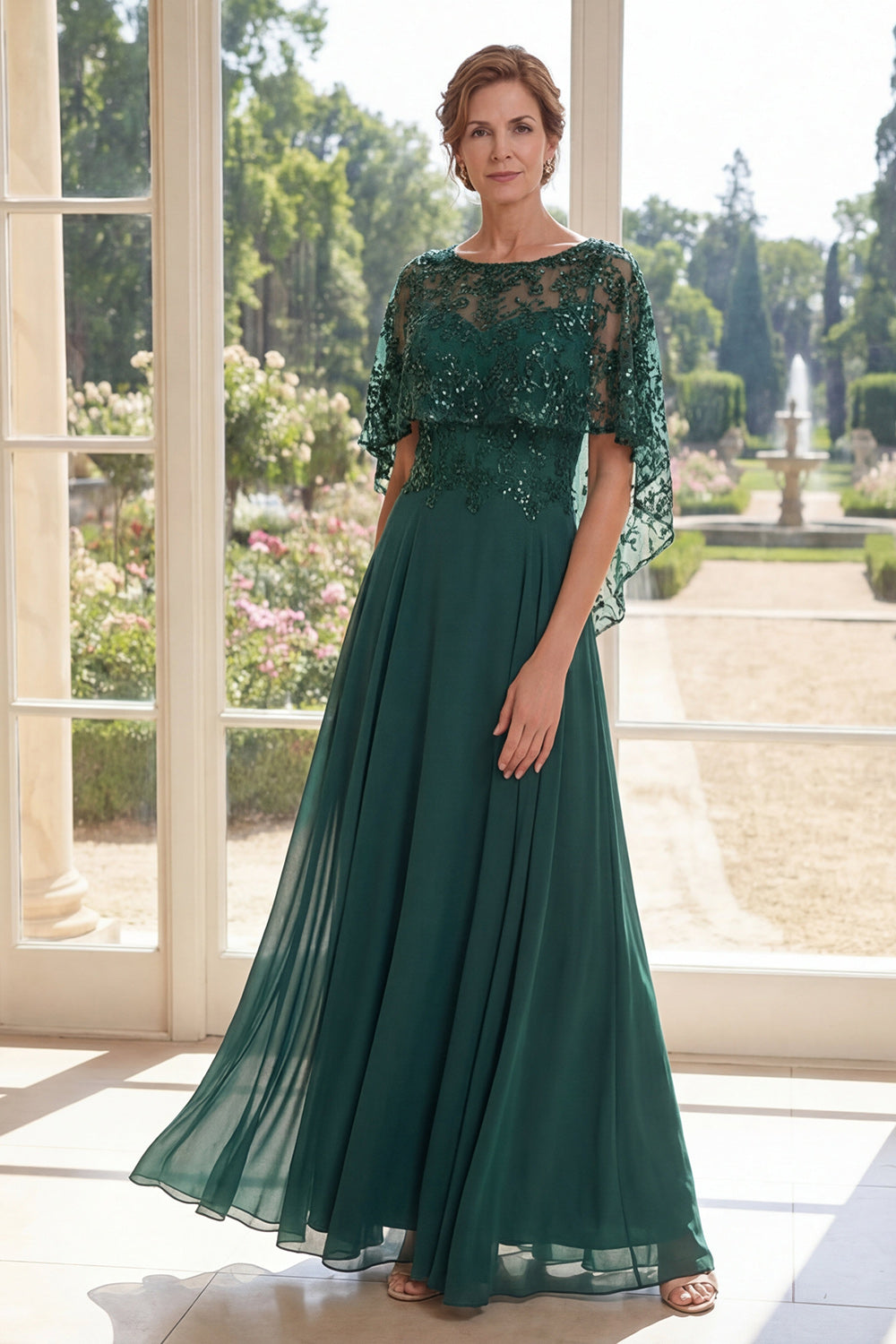 ZAPAKA Women Tulle Dark Green Mother Of the Bride Dress with Cape A