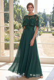 Tulle Dark Green A-Line Beaded Long Mother Of the Bride Dress with Cape