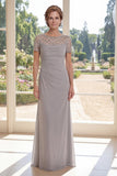 Grey Chiffon Sheath Beaded Ruched Long Mother Of the Bride Dress