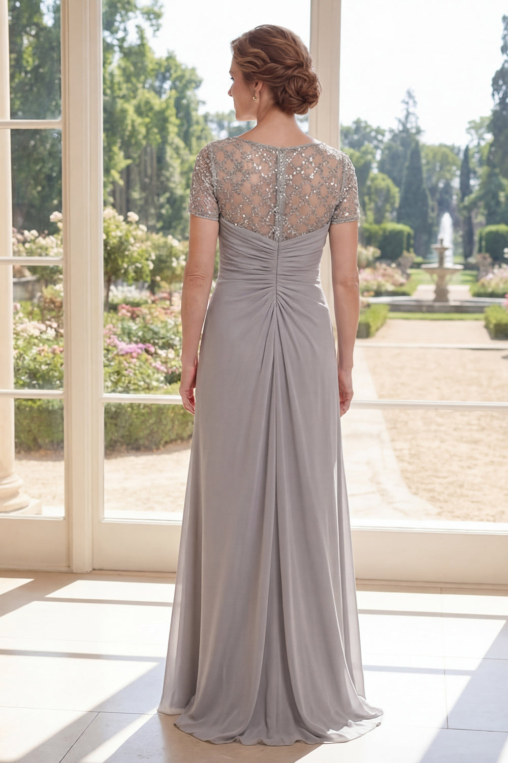 ZAPAKA Women Grey Chiffon Mother Of the Bride Dress Sheath Ruched Beaded Long Wedding Guest Dress with Short Sleeves, Grey / US8