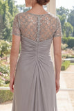 Grey Chiffon Sheath Beaded Ruched Long Mother Of the Bride Dress