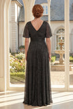 A-Line Black V-Neck Long Mother Of the Bride Dress with Flutter Sleeves