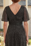 A-Line Black V-Neck Long Mother Of the Bride Dress with Flutter Sleeves