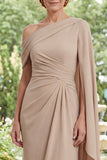 Champagne One Shoulder Chiffon Ruched Long Mother Of the Bride Dress with Side Cape