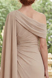 Champagne One Shoulder Chiffon Ruched Long Mother Of the Bride Dress with Side Cape