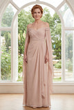 Chiffon Champagne Off the Shoulder Ruched Mother Of the Bride Dress with Cape Sleeves