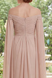 Chiffon Champagne Off the Shoulder Ruched Mother Of the Bride Dress with Cape Sleeves