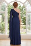 Chiffon Navy One Shoulder Ruched Mother Of the Bride Dress with Cape Sleeve