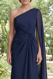 Chiffon Navy One Shoulder Ruched Mother Of the Bride Dress with Cape Sleeve