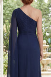 Chiffon Navy One Shoulder Ruched Mother Of the Bride Dress with Cape Sleeve