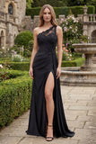 Black One Shoulder Mermaid Ruched Beaded Long Prom Dress with Slit