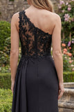 Black One Shoulder Mermaid Ruched Beaded Long Prom Dress with Slit